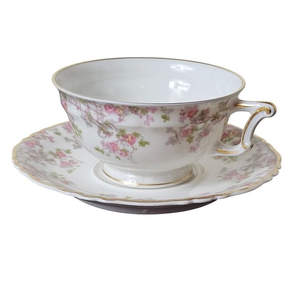 Vintage Haviland Limoges Trellis French Porcelain Teacup Saucer Floral Country - Picture 1 of 9